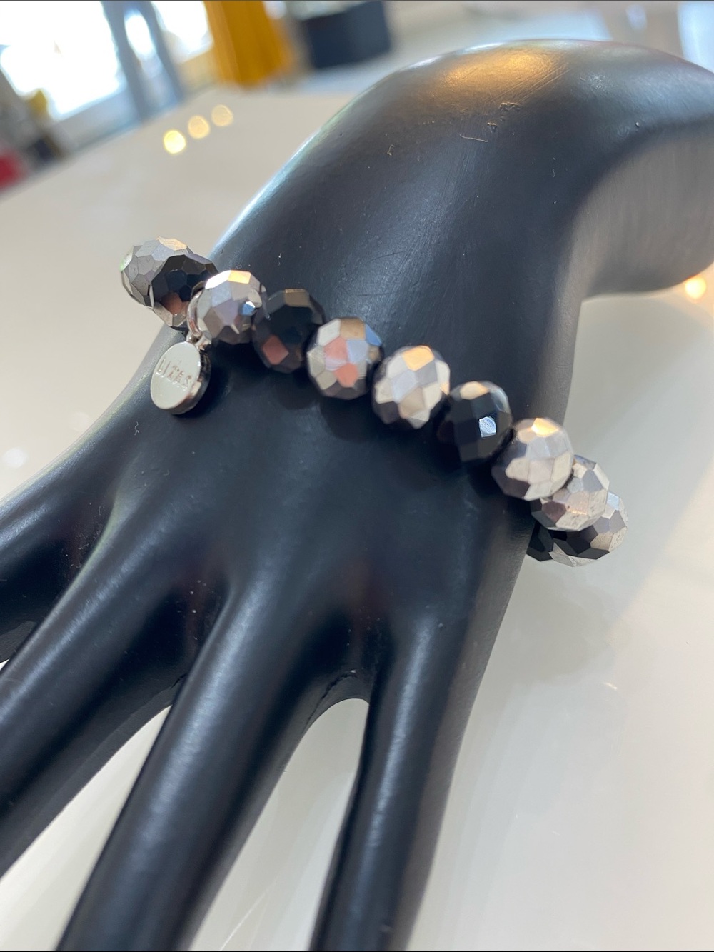 Beaded Glass Stretch Bracelet with Lizas Logo Charm - Silver/Black - Picture 2 of 5